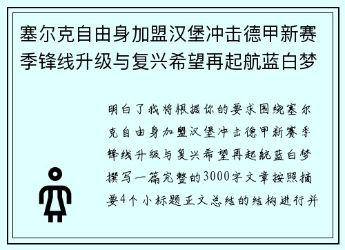 塞尔克自由身加盟汉堡冲击德甲新赛季锋线升级与复兴希望再起航蓝白梦